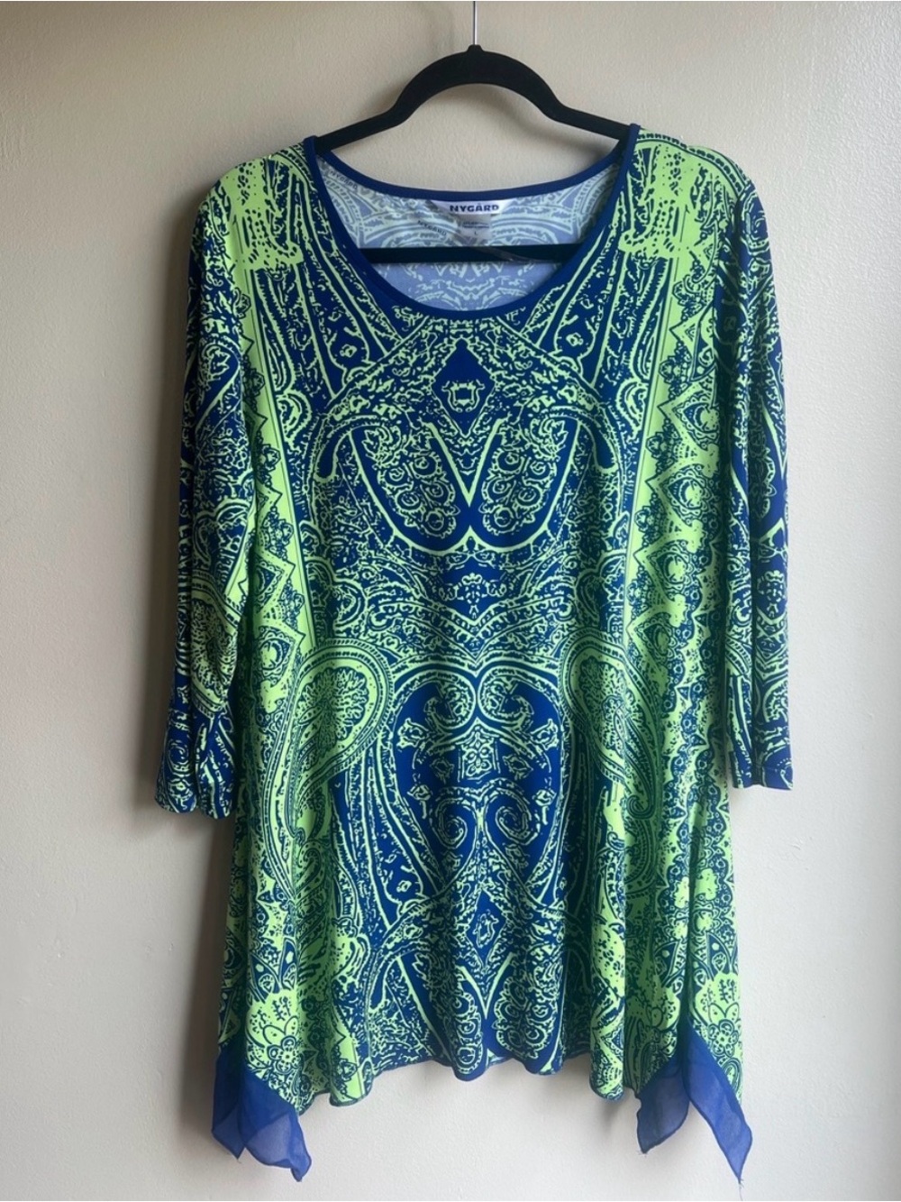 Nygard Boho Paisley Tunic Top Lime Green Navy Flowy 3/4 Sleeve